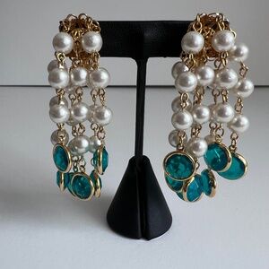 Green And Pearl Cha Cha Dangle Strand Earrings Clip On